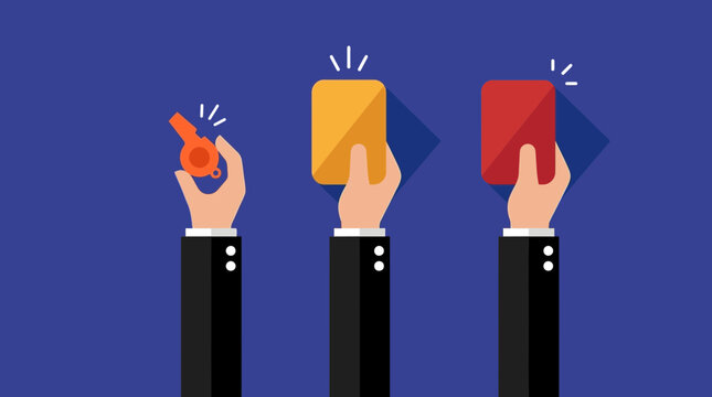Three hands of corporate executives holding a whistle, yellow card and red card on blue background, perfect for business ethics training, compliance policy and disciplinary action