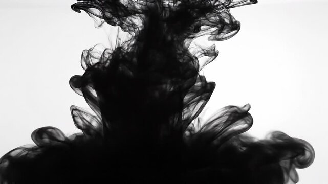 Black smoke swirling abstract background with fluid shapes and wavy patterns on white