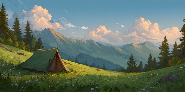Solitary green canvas tent nestled in a vibrant mountain meadow at golden hour