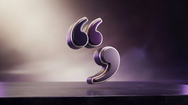Glossy purple quotation mark icon with metallic chrome outline floating on reflective table suited for quote typography designs.