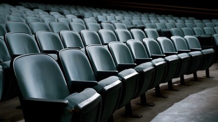 Naklejka premium Rows of empty dark green theater seats arranged in perspective with subtle lighting on a concrete floor