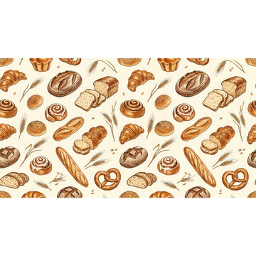Bakery Seamless Bread Pattern with Colorful Fresh