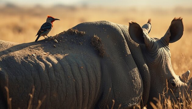 Oxpecker Bird Cleaning Rhinoceros Skin in African Savanna Ecosystem