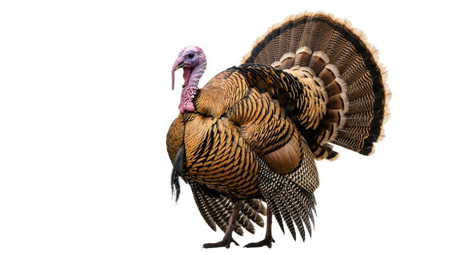 A male wild turkey with golden brown plumage and fanned tail feathers, isolated on transparent background