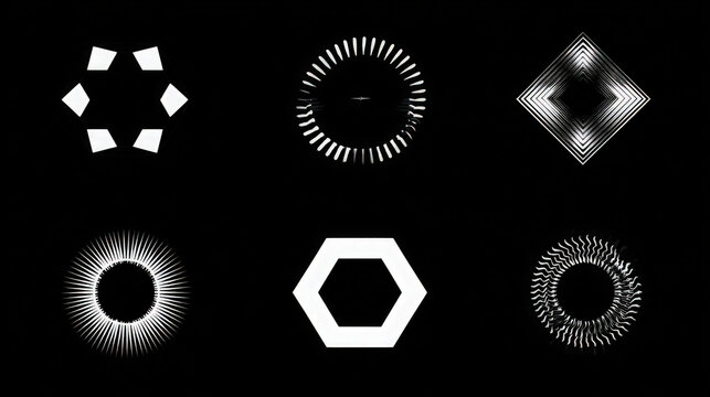 Collection of abstract black geometric shapes and textured sunburst frames on black background with geometric shape