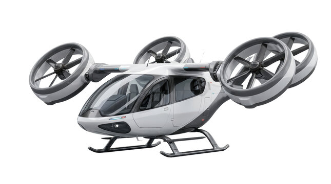 Future Urban Air Mobility Vehicle: A sleek, white electric Vertical Take-Off and Landing (eVTOL) aircraft, a symbol of modern transportation, poised for flight.