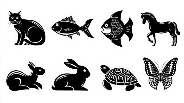 Set of black animal silhouettes featuring cat fish horse rabbit turtle butterfly animal silhouette wildlife colle