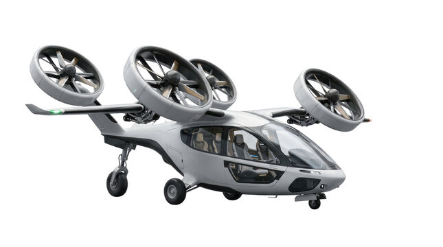 eVTOL Aircraft Future Transport: A futuristic electric vertical takeoff and landing (eVTOL) aircraft with multiple rotors hovers.