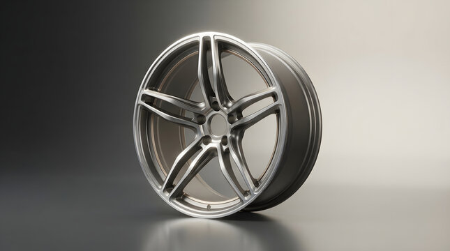 Polished silver aluminum alloy car wheel rim resting on dark reflective studio floor suited for automotive performance tuning.