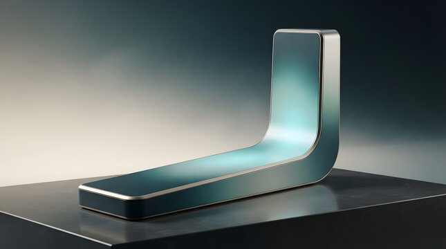 Sleek L shaped metallic device featuring glowing cyan panel and brushed chrome finish displayed on dark industrial stone surface.