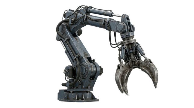 Industrial Robotic Arm: A powerful grey industrial robotic arm with a claw gripper, designed for heavy-duty tasks in manufacturing and automation, showcased against a plain background.