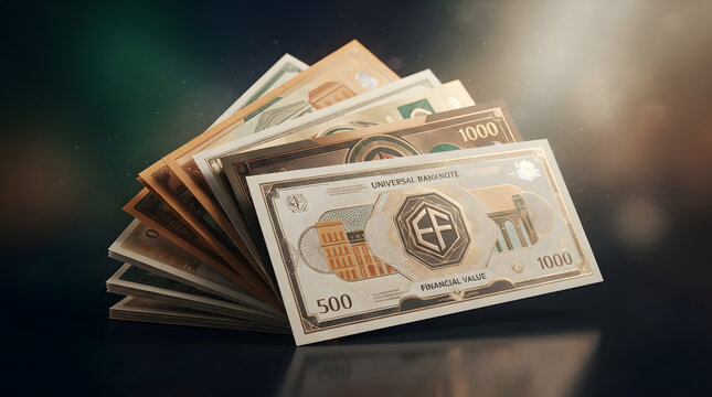Universal banknote fan in elegant gold and brown tones showcases premium currency design for wealth and financial abundance.