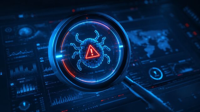 Digital Cyber Bug Hologram With Warning Alert Sign In Magnifying Glass