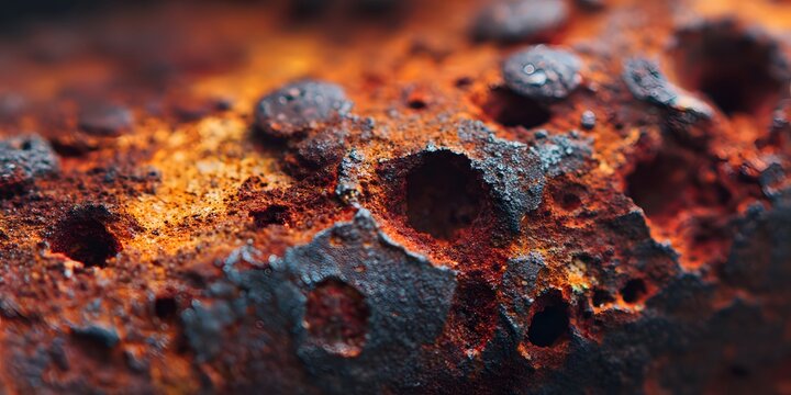 Heavy corrosion and pitting cover the textured surface of oxidized iron.