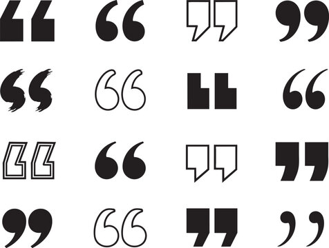 quotation mark icon set with speech bubble and decorative quote symbols vector illustration
