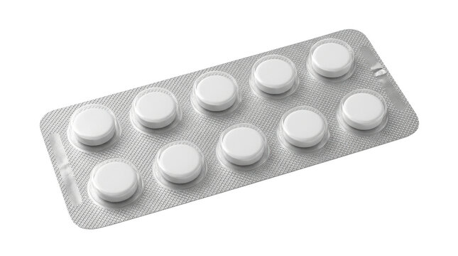 Blister Pack of White Pills: A sterile blister pack containing ten round, white pills, ready for dispensing and use in medical treatment.