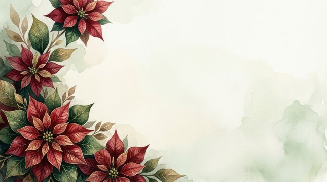 Watercolor poinsettia flower corner frame on white background