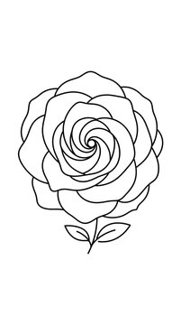 Black and white outline vector drawing of a single rose flower with leaves