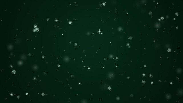 Falling snowflakes on dark green background for holiday design