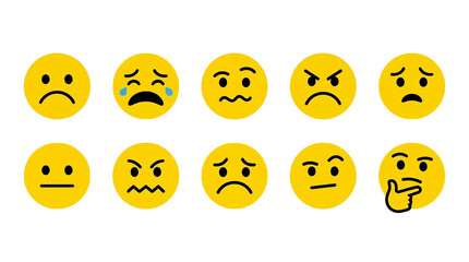 Fototapeta premium Emoticons set displaying various negative and confused facial expressions, moods, and emotional states.