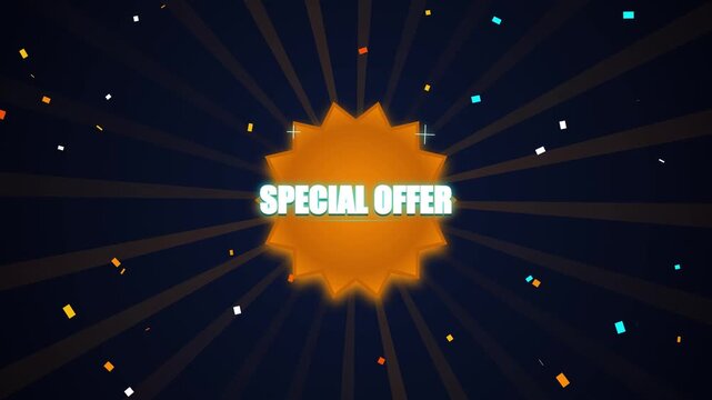 Special offer badge with sunburst background and confetti elements