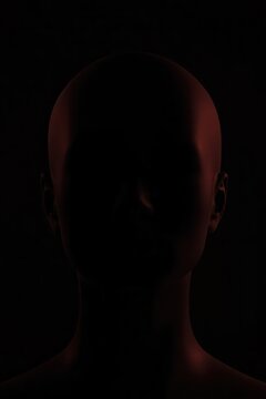 Silhouette of a bald person head in deep shadow with dramatic red rim lighting fine art silhouette mysterious portrait lighting shoulders featureless anonymous psychology identity cinematic