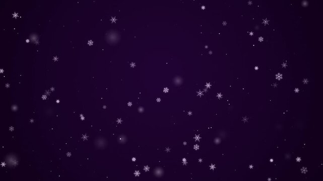 Falling white snowflakes on a dark purple background for winter themes
