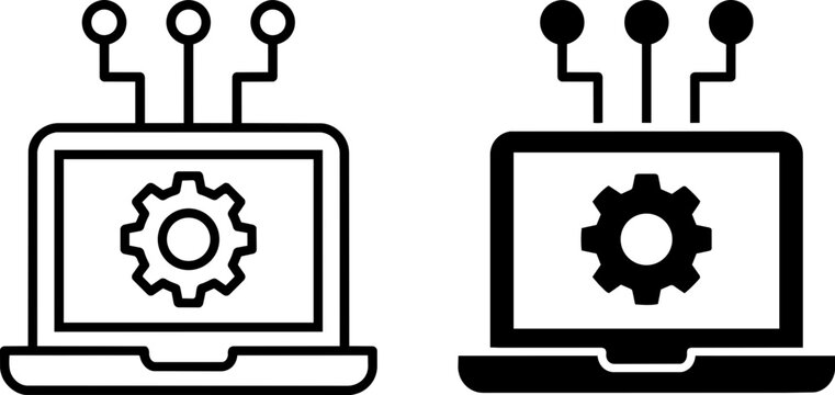 A laptop computer displaying a gear on screen with electronic circuit nodes extending above.