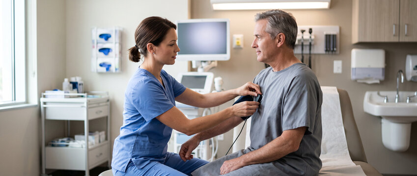 Nurse prepares adult patient for routine diagnostic procedure, positioning medical sensor and checking equipment while providing clinical support, patient care and hospital nursing services.