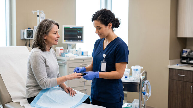 Nurse prepares adult patient for routine diagnostic procedure, positioning medical sensor and checking equipment while providing clinical support, patient care and hospital nursing services.