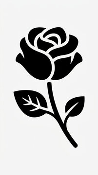Black silhouette of a rose flower with stem and leaves on white background