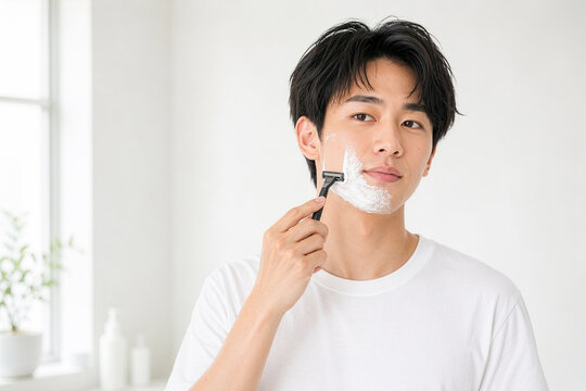 朝の洗面所でカミソリを使ってひげをそる20代の日本人男性