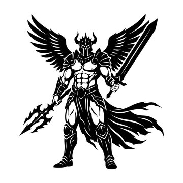 Black winged warrior demon illustration with trident and sword, fantasy monster design, dark mythology character concept art