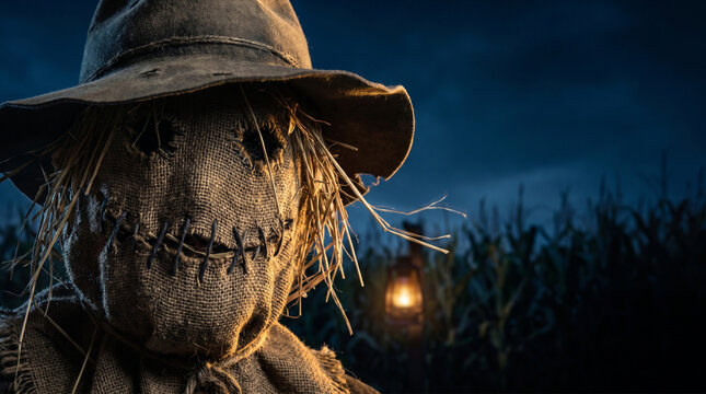 A sinister burlap scarecrow face illuminated in a dark autumn cornfield.