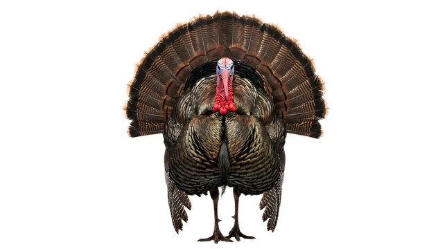 Front view of a male wild turkey displaying its tail feathers isolated on transparent background