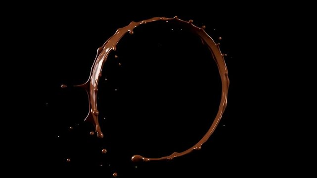 Chocolate Ring Splash: A captivating swirl of rich, liquid chocolate forms a perfect ring against a stark black background, a dynamic representation of indulgence and flavor.