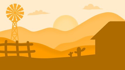 Naklejka premium Farm background. Farm landscape background. Farm silhouettes background. Calm rural landscape. Warm sunset landscape illustration 