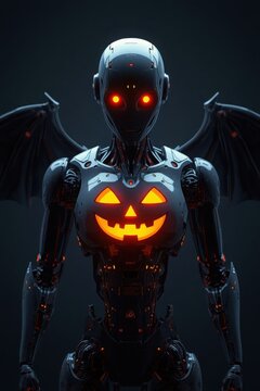 Sinister mechanical cyborg warrior with glowing eyes and pumpkin torso halloween robot evil machine sci fi villain cyberpunk creature futuristic warrior jack o lantern sci fi creature