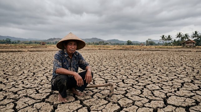 Farmer Sits in Cracked Dry Soil Field Global Warming