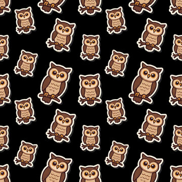 Cute owl seamless pattern with birds on branches