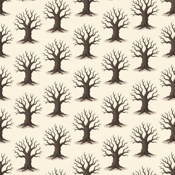 Seamless pattern of spooky bare trees on cream background