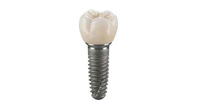 Dental Implant Model: A detailed close-up of a dental implant with a crown, showcasing the screw-like post and the tooth restoration component.
