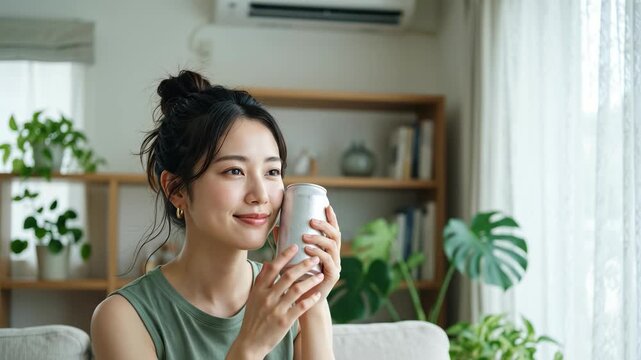 アルミ缶を頬に当てて心地よさを噛み締める女性