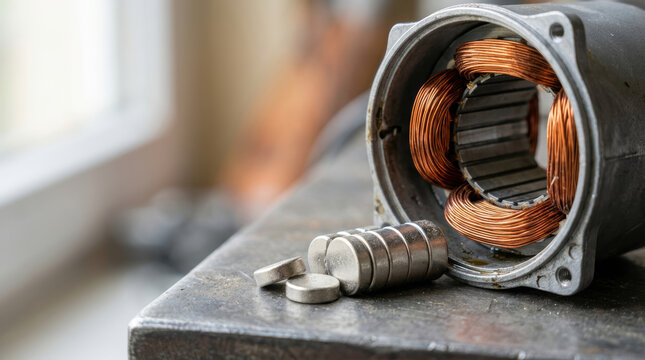 Electric motor with copper coil and steel rotor supports sustainable energy drivetrain research for efficient engineering development