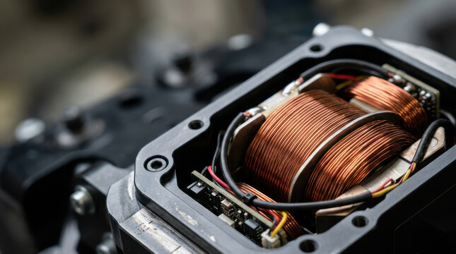 Sustainable energy drivetrain research reveals copper coil motor engineering with precise wiring and durable metal housing for electric transport