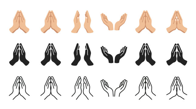 Set of praying hands icons, different styles, flat, glyph and line art, human hands folded in prayer, gesture of gratitude, hope or worship, vector illustration