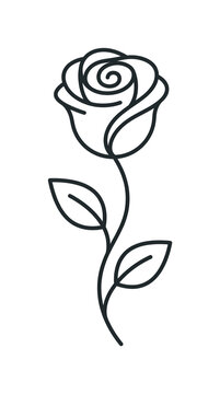 Minimalist single line art drawing of a beautiful rose flower with stem and leaves