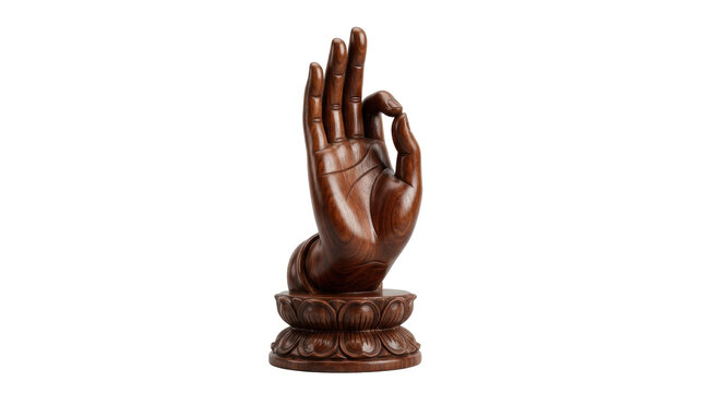 Wooden Buddha Hand Statue: A finely carved wooden statue of a hand in the Vitarka Mudra, symbolizing teaching and discussion, rests on a decorative lotus base.