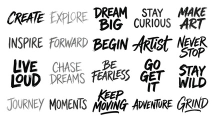 Fototapeta premium Set of hand drawn lettering slogans motivational quotes about art, creativity, success and adventure brush calligraphy