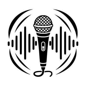 Microphone icon silhouette with audio sound waves for podcast radio broadcasting or music recording studio logo design
